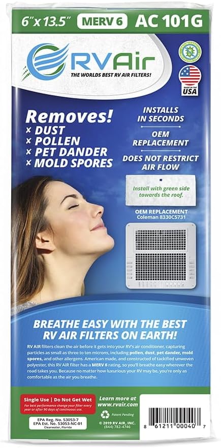 RV Air RV AC Filter | AC 101G MERV 6 Air Filters for RV Air Conditioner | Made in USA OEM Filter to Upgrade or Replace Standard RV Air Conditioner Filters | 1 Filter