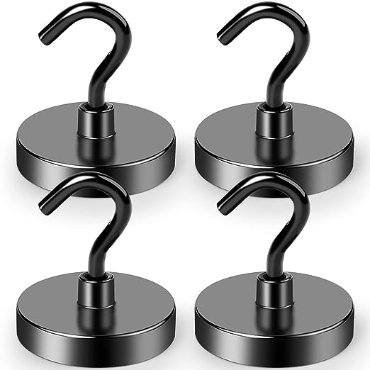 LOVIMAG Black Magnetic Hooks Heavy Duty, 110Lbs Strong Neodymium Magnet Hooks with Epoxy Coating for Home, Kitchen, Workplace, Office etc-4 Pack