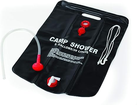 Camco Outdoor Natural Solar Shower with On-Off Valve for Campsites - Holds 5 Gallons of Water, Sufficient for 3-4 Showers, Excellent for Camping, Hiking, RVing, and Traveling (51368)
