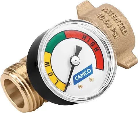 Camco Brass Water Pressure Regulator with Gauge- Helps Protect RV Plumbing and Hoses from High-Pressure City Water - Easy Read Gauge (40064)