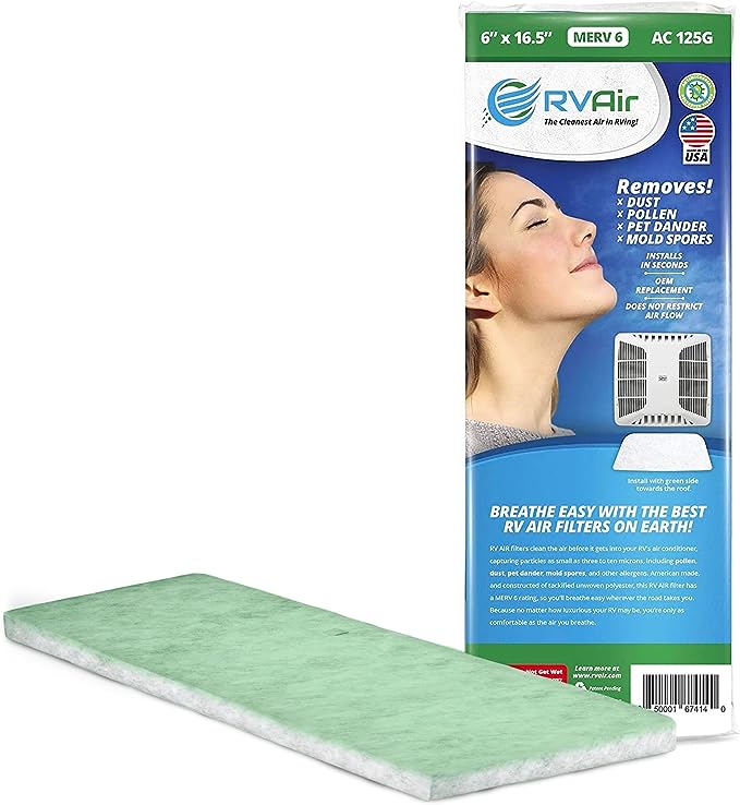 RV Air AC Filter - Replacement Parts for Camper Accessories, Travel Trailer Air Conditioners, MERV 6, Durable, Dust-Free and Cleaner Air, Easy to Install, Ideal for Camping, 2 Filters 125G 6"x16.5"
