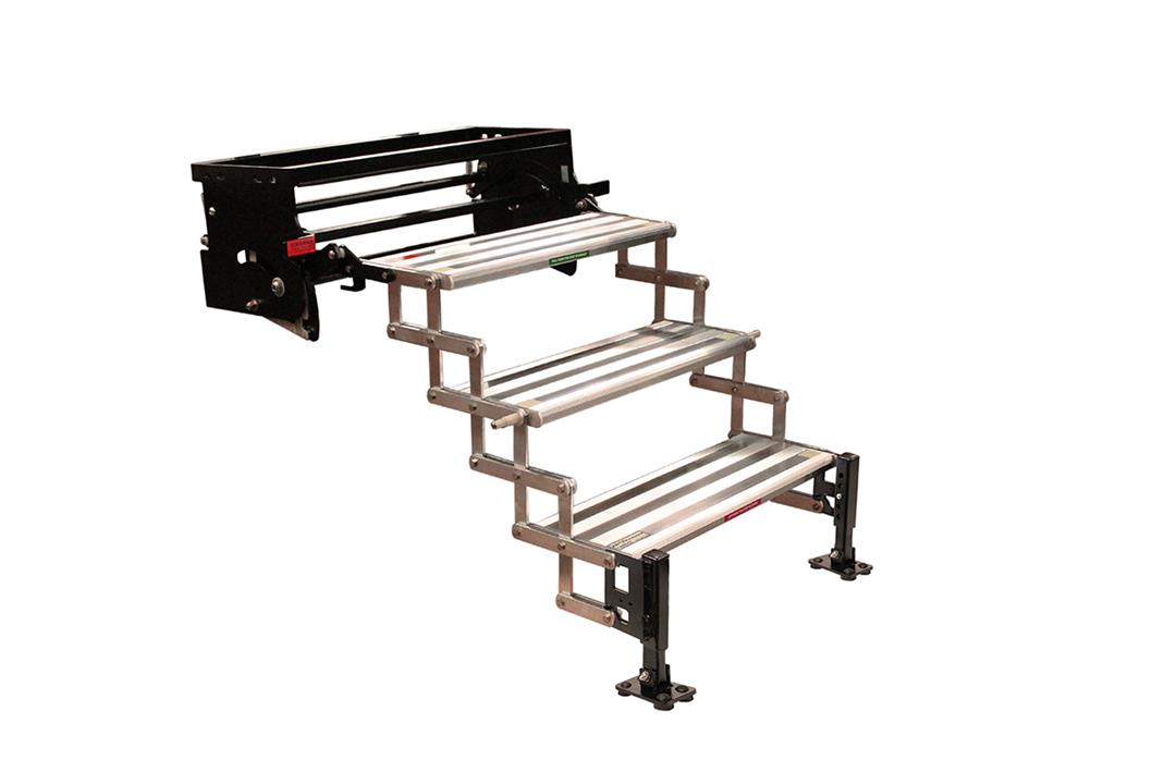 Entry Step; GlowStep Revolution; 3 Manual Folding Steps: 22-1/4 Inch Length x 8 Inch Width and 7-1/2 Inch Rise; Without Platform; 13 to 15 Inch Collapsed Height; 375 Pound Capacity