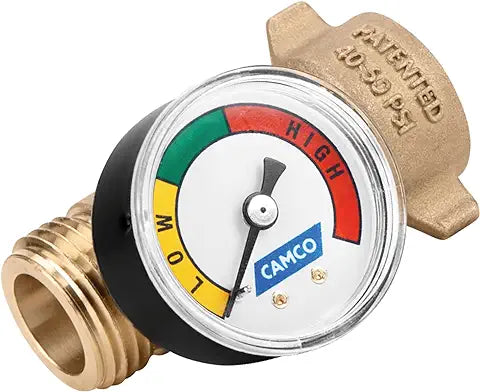 Camco Brass Water Pressure Regulator with Gauge- Helps Protect RV Plumbing and Hoses from High-Pressure City Water - Easy Read Gauge (40064)