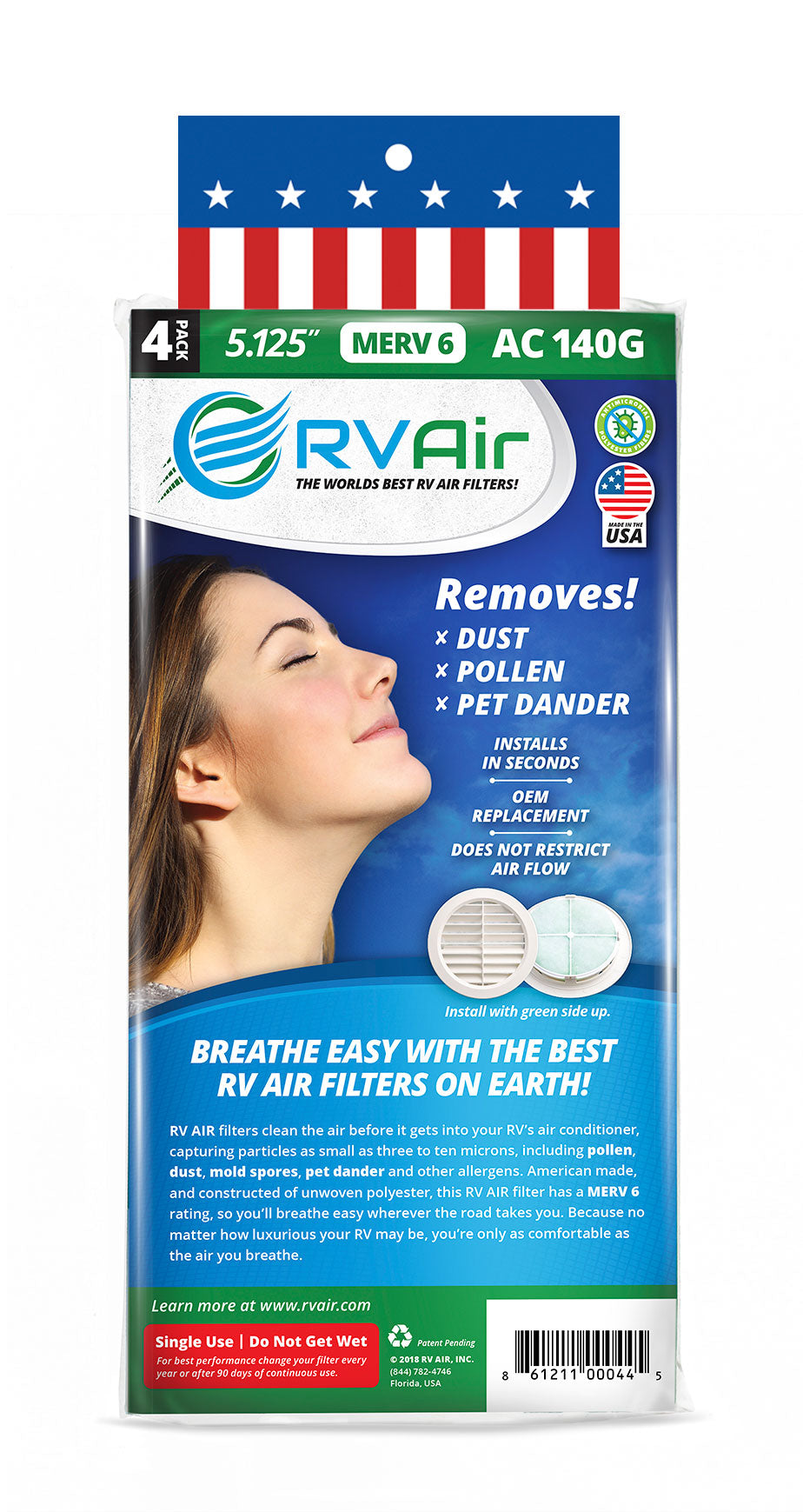 RV Air AC Filter - Replacement Parts for Camper Accessories, Travel Trailer Air Conditioners, MERV 6, Durable, Dust-Free and Cleaner Air, Easy to Install, 8 Filters 140G 5.25in round x 0.75in thick