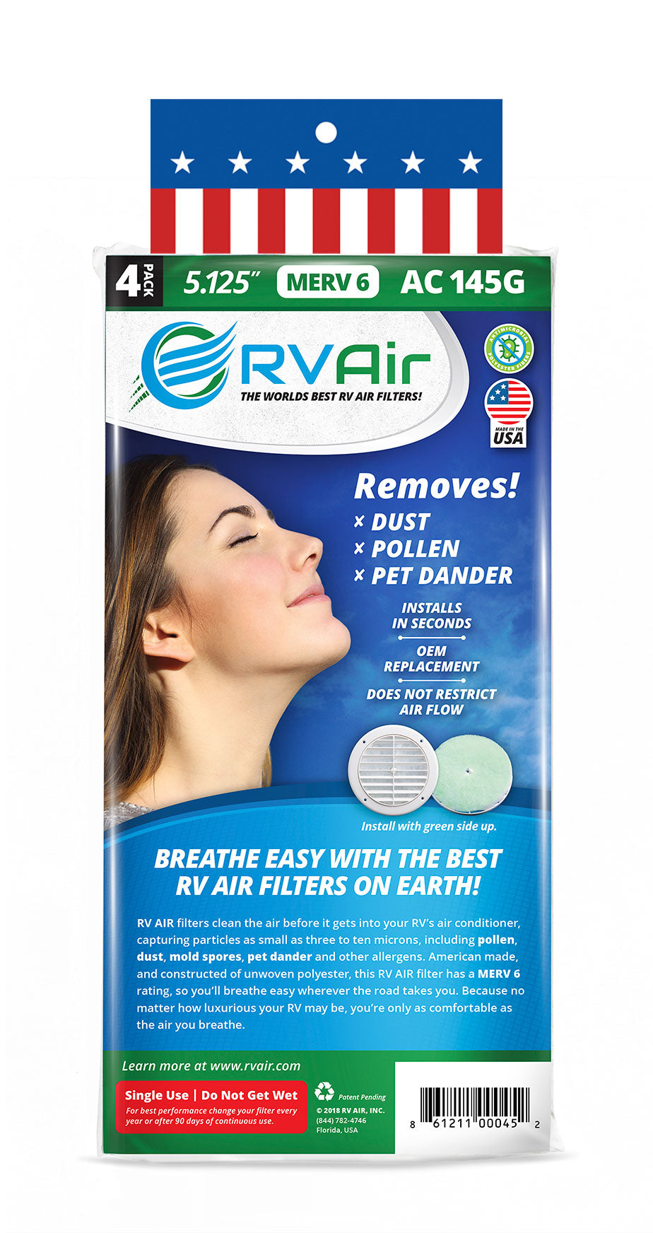 RV Air AC Filter - Replacement Parts for Camper Accessories, Travel Trailer Air Conditioners, MERV 6, Durable, Dust-Free and Cleaner Air, Easy to Install, 4 Filters 145G 5.25" round x 3/4" thick